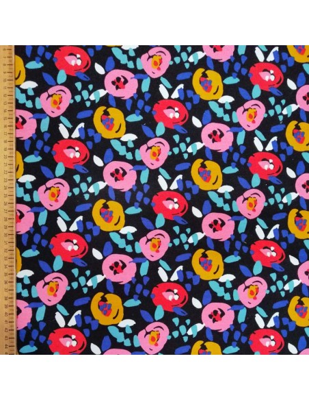 Tissu sweat léger noir fleur rose et rouge noir POPPY Floral - Tissus habillement vente en ligne - Biarritz