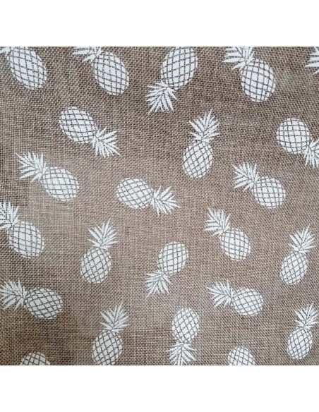 Toile polyester tissu effet jute motifs petits ananas blancs - Tissus Ameublement - coussin rideaux nappes sacs accessoires