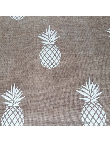 Toile polyester tissu effet jute motifs grands ananas blancs - Tissus Ameublement - coussin rideaux nappes sacs accessoires