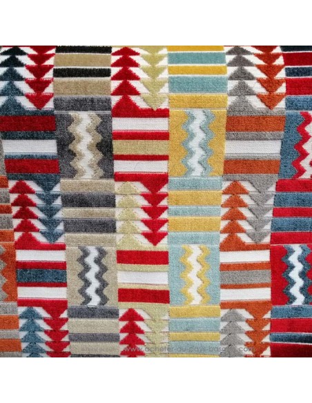 Tissu jacquard ameublement velours motifs geometriques multicolore triangles flèches -coussin rideaux réfection fauteuil canapé