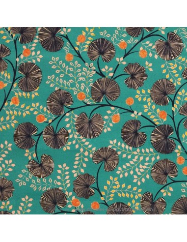 Tissu toile coton Pondichery pissenlit fond vert menthe oeko-tex- Tissus Ameublement Thevenon au mètre - rideaux tête de lit