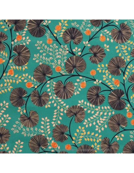 Tissu toile coton Pondichery pissenlit fond vert menthe oeko-tex- Tissus Ameublement Thevenon au mètre - rideaux tête de lit