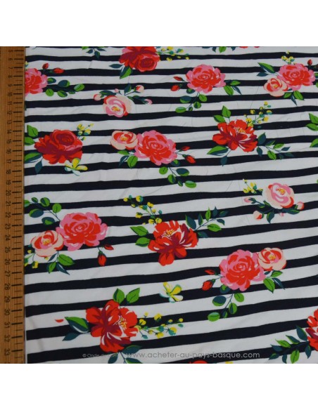 zoom Jersey coton Oeko-tex imprimé fleurs roses rouges rose marinière rayure bleue blanc - Tissu habillement vente en ligne