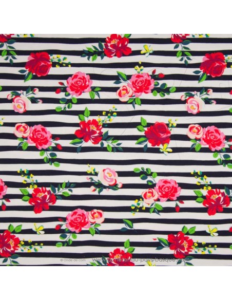 Jersey coton Oeko-tex imprimé fleurs roses rouges rose fond marinière rayure bleue blanc - Tissu habillement vente en ligne