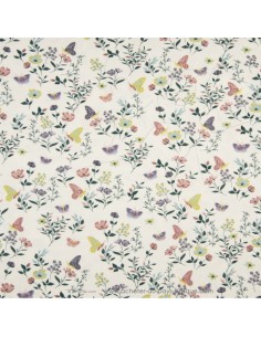 Jersey de coton Oeko-tex imprimé papillon fleur motif printanier fond crème - Tissu habillement vente en ligne - Dock Biarritz
