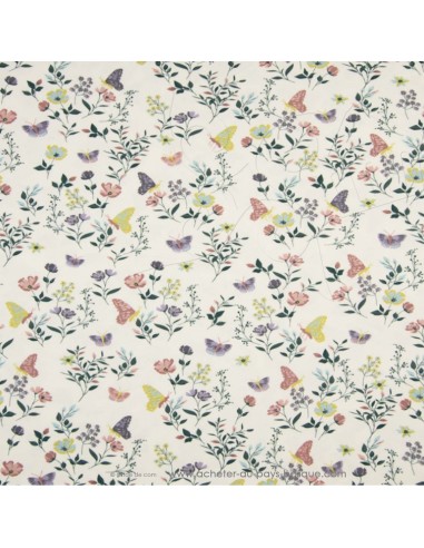 Jersey de coton Oeko-tex imprimé papillon fleur motif printanier fond crème - Tissu habillement vente en ligne - Dock Biarritz