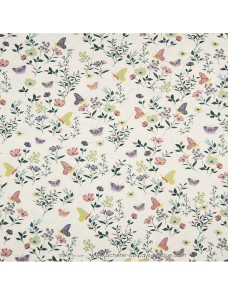 Jersey de coton Oeko-tex imprimé papillon fleur motif printanier fond crème - Tissu habillement vente en ligne - Dock Biarritz
