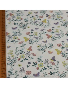 Jersey de coton Oeko-tex imprimé papillon fleur motif printanier fond crème - Tissu habillement vente en ligne - Dock Biarritz 2