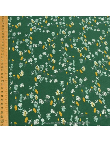 zoom Jersey de coton vert Oeko-tex printemps fleur feuillage jaune bleu - Tissu habillement vente en ligne - Dock Biarritz