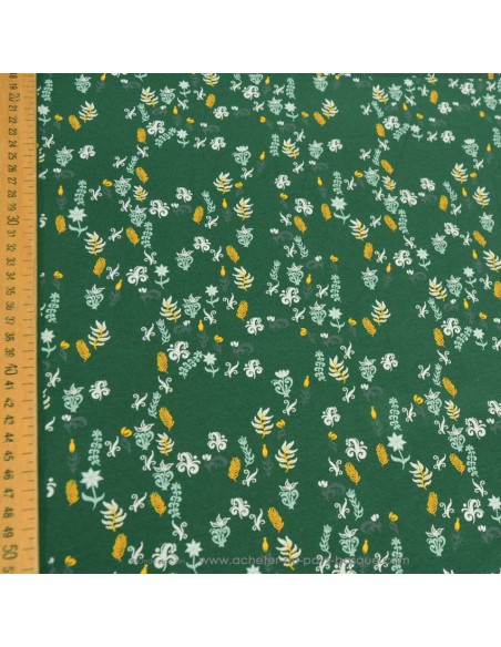 zoom Jersey de coton vert Oeko-tex printemps fleur feuillage jaune bleu - Tissu habillement vente en ligne - Dock Biarritz