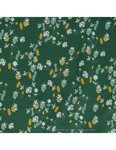 Jersey de coton vert Oeko-tex imprimé printanier fleurs feuillage jaune bleu - Tissu habillement vente en ligne - Dock Biarritz