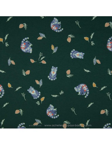Jersey de coton vert foncé Oeko-tex imprimé raton laveur bleu - Tissu habillement vente en ligne - vetement couturiere