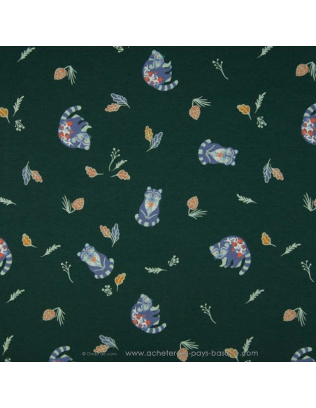 Jersey de coton vert foncé Oeko-tex imprimé raton laveur bleu - Tissu habillement vente en ligne - vetement couturiere