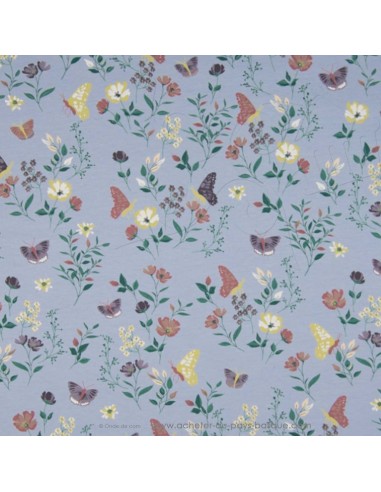 Jersey de coton Oeko-tex imprimé papillon fleurs sur fond bleu poudré - Tissu habillement vente en ligne - vetement couturiere