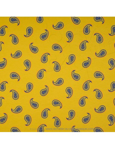 Jersey de coton Oeko-tex imprimé cachemire paisley bleu fond ocre - Tissu habillement vente en ligne - vetement couturiere