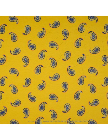 Jersey de coton Oeko-tex imprimé cachemire paisley bleu fond ocre - Tissu habillement vente en ligne - vetement couturiere