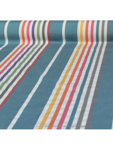 tissu toile extérieure bache outdoor rayure multicolore fond bleu déperlant - tissus Ameublement extérieur au mètre