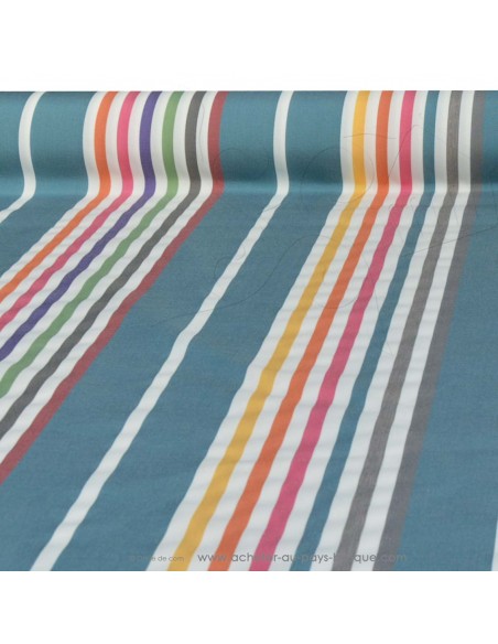 tissu toile extérieure bache outdoor rayure multicolore fond bleu déperlant - tissus Ameublement extérieur au mètre