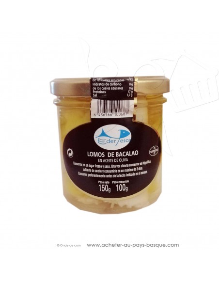 Conserve lomo bacalao huile d'olive longe de morue bocal 150g Eder Pesca - epicerie espagnole - cuisine Espagne conserves