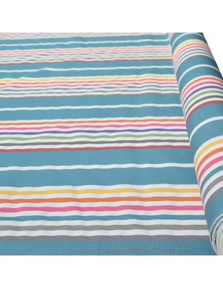 zoom tissu toile extérieure bache outdoor rayure fond bleu déperlant chilienne transat - tissus extérieurs au mètre