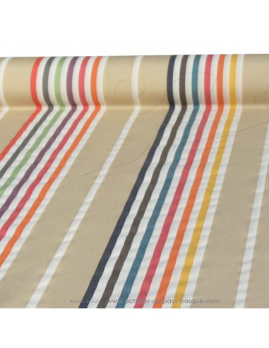 tissu toile extérieure bache outdoor rayure multicolore fond beige déperlant - tissus Ameublement extérieur au mètre