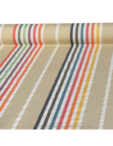 tissu toile extérieure bache outdoor rayure multicolore fond beige déperlant - tissus Ameublement extérieur au mètre
