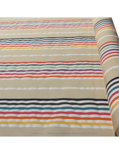 zoom tissu toile extérieure bache outdoor rayure fond beige déperlant chilienne transat - tissus extérieurs au mètre