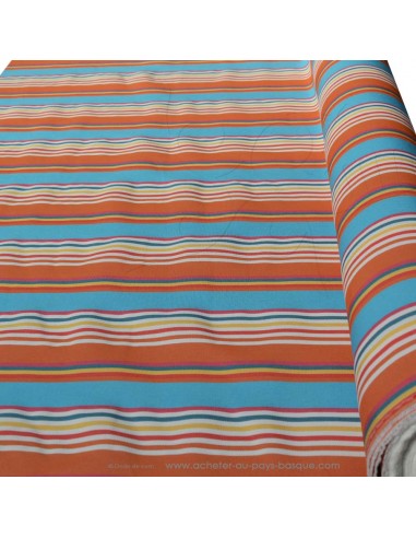 zoom toile extérieure bache outdoor rayure orange turquoise  déperlant chilienne transat - tissus extérieurs au mètre