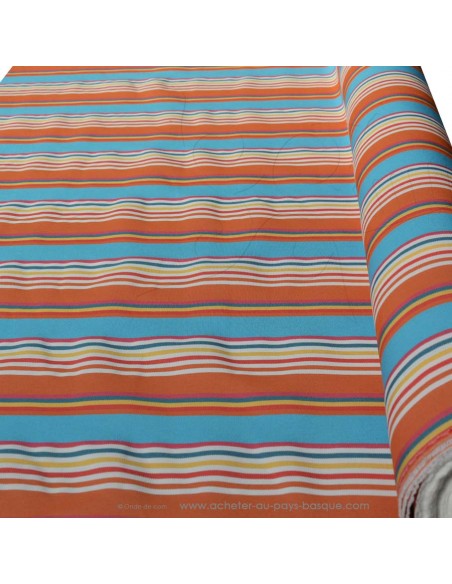 zoom toile extérieure bache outdoor rayure orange turquoise  déperlant chilienne transat - tissus extérieurs au mètre