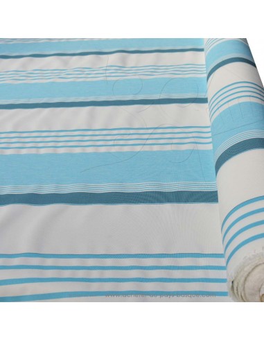 zoom toile extérieure bache outdoor rayure blanches et bleues 160cm déperlant chilienne transat - tissus extérieurs au mètre