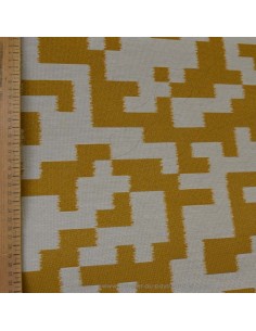 toile extérieure bache outdoor tetris blanc et moutarde 140cm déperlant - tissus Ameublement extérieur au mètre 2