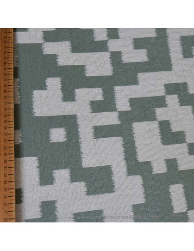 zoom toile extérieure bache outdoor tetris blanc et vert d'eau 140cm déperlant chilienne transat - tissus extérieurs au mètre