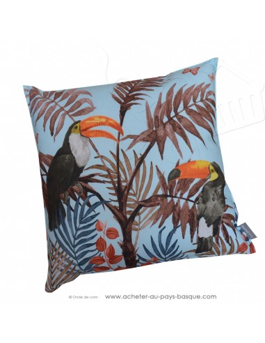 Coussin d'extérieur ambiance tropicale toucans palmiers 45x45cm bleu - décoration extérieure transat terrasse piscine