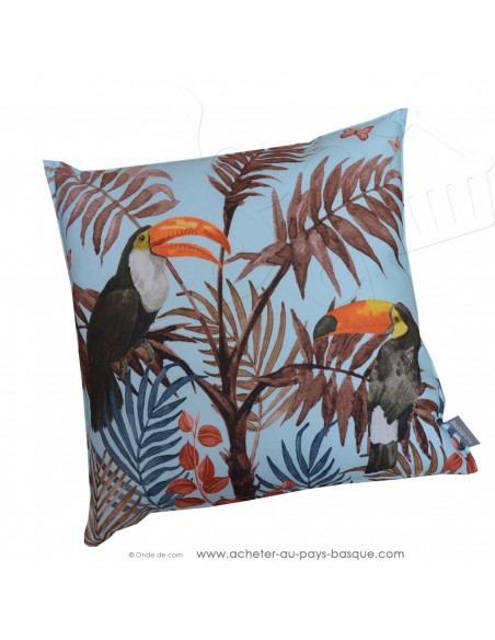Coussin d'extérieur ambiance tropicale toucans palmiers 45x45cm bleu - décoration extérieure transat terrasse piscine