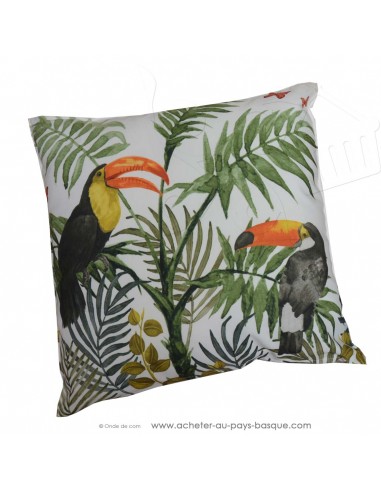 Coussin d'extérieur ambiance tropicale toucans palmiers 45x45cm sable - décoration extérieure transat terrasse piscine