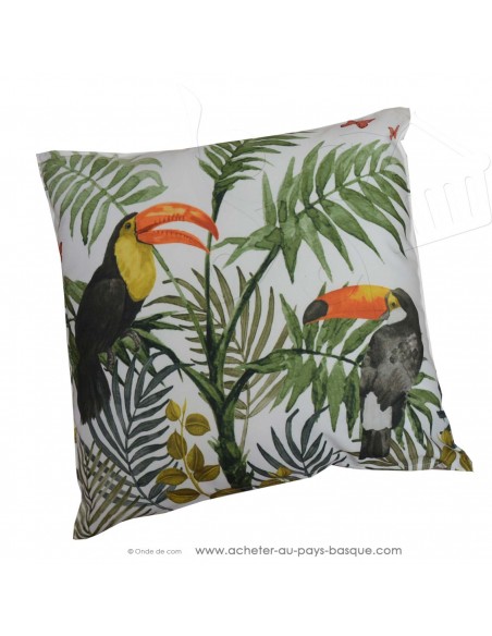 Coussin d'extérieur ambiance tropicale toucans palmiers 45x45cm sable - décoration extérieure transat terrasse piscine