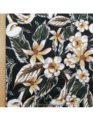 Tissu Satin coton légèrement strech noir motifs floraux blanc jaune vert fleurs - tissus habillement mercerie Biarritz