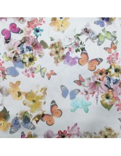 Tissu Satin de coton légèrement strech blanc motifs floraux fleurs papillons multicolore - tissus habillement au mètre