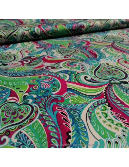 zoom Satin coton légèrement strech motifs ethniques paisley UNGARO - tissus habillemen Biarritz - haute couture made in Italie
