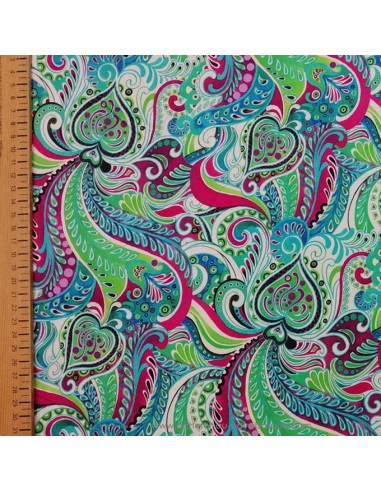 Tissu Satin coton légèrement strech ethnique paisley multicolore UNGARO - tissus habillement haute couture made in Italie