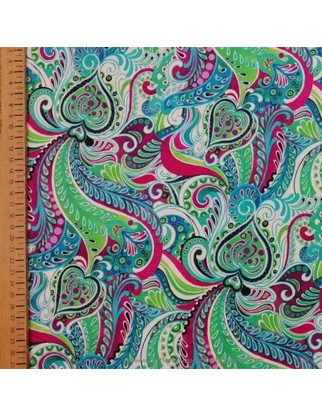Tissu Satin coton légèrement strech ethnique paisley multicolore UNGARO - tissus habillement haute couture made in Italie