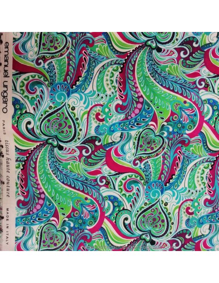 zoom Satin coton légèrement strech ethnique paisley multicolore UNGARO - tissus haute couture made in Italie