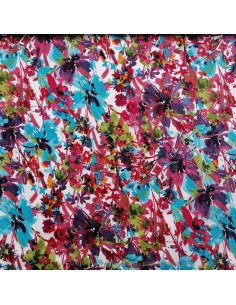 Tissu Satin de coton légèrement strech blanc motifs floraux fleurs multicolore - tissus habillement au mètre mercerie Biarritz