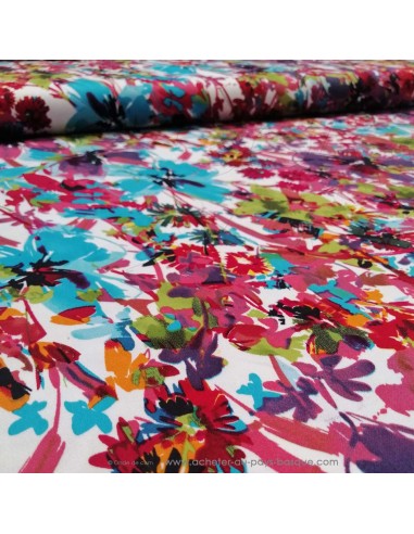 zoom Satin de coton légèrement strech blanc fleuri fleurs bleu fuschia rose violet - tissus habillement au mètre Biarritz