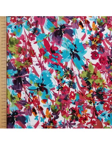 Satin coton légèrement strech blanc motifs floraux fleurs multicolore - tissu habillement au mètre Biarritz