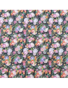 Tissu Satin coton légèrement strech noir motifs floraux roses  fleurs bouquet - tissus habillement au mètre mercerie Biarritz