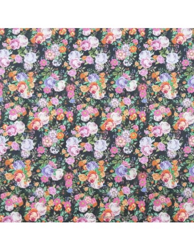 Tissu Satin coton légèrement strech noir motifs floraux roses  fleurs bouquet - tissus habillement au mètre mercerie Biarritz