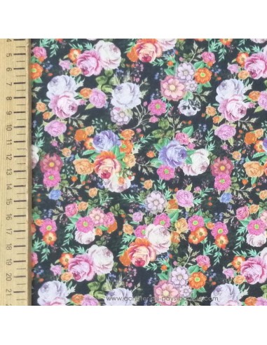 Satin coton légèrement strech noir motifs floraux fleurs bouquets - tissu habillement au mètre Biarritz