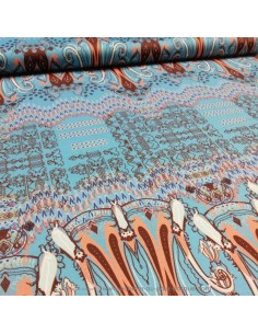 Tissu Satin coton légèrement strech bleu motif Ethnique corail marron - tissus habillement au mètre mercerie Biarritz 2