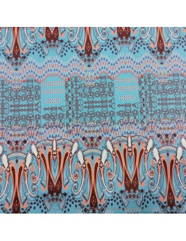 Tissu Satin coton légèrement strech bleu motif Ethnique corail marron - tissus habillement au mètre mercerie Biarritz